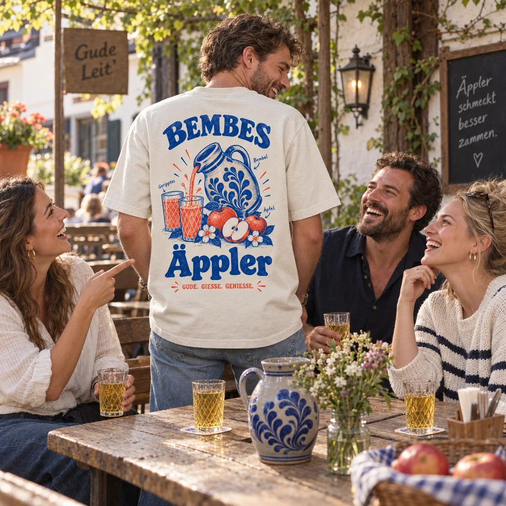 Freunde lachen in einer Apfelweinrunde mit dem Äppler-Shirt