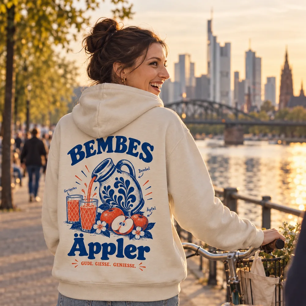 Frau im Äppler-Hoodie mit Fahrrad am Main