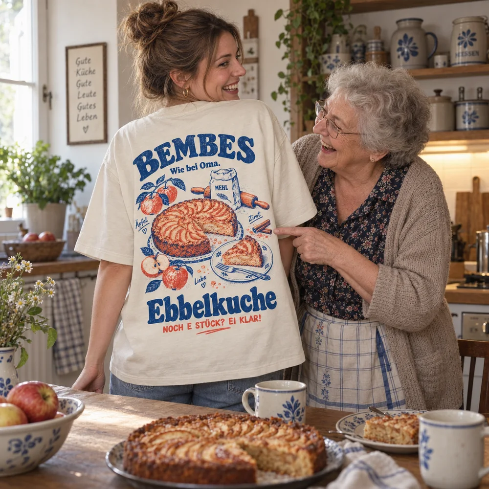 Eine Frau zeigt ihrer lachenden Oma das Ebbelkuche-Shirt am Kuchentisch