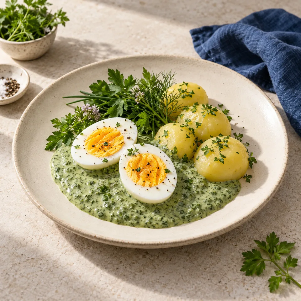 Grie Soß mit Ei & Kartoffeln – Serviervorschlag